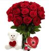 24 κόκκινα τριαντάφυλλα με σοκολατάκια και αρκουδάκι