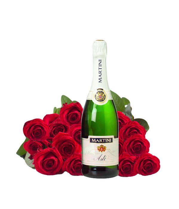 15 red roses with sparkling wine