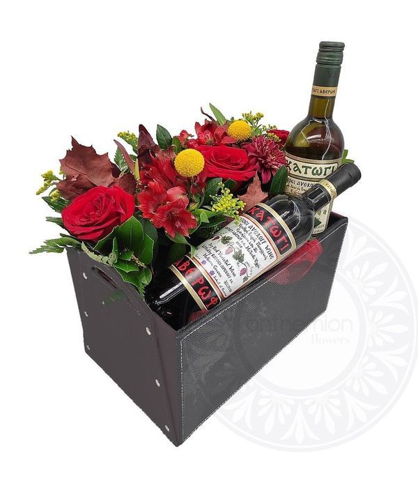 Μαύρο Δερμάτινο κουτί με λουλούδια και κρασιά
