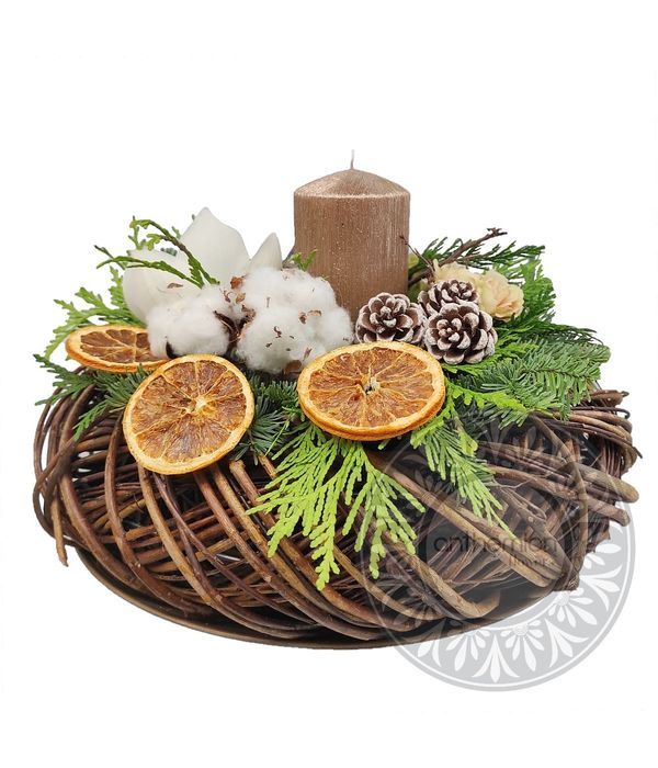 Ξύλινο επιτραπέζιο στεφάνι με διακόσμηση και κερί