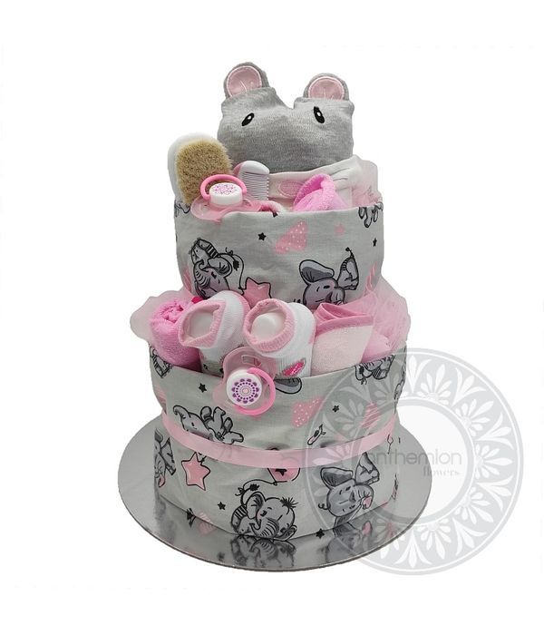 Diaper Cake για το χαριτωμένο νεογέννητο κοριτσάκι
