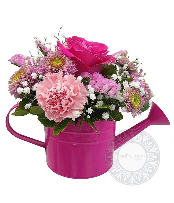 Fuchsia and pink flowers delivered in watering can
