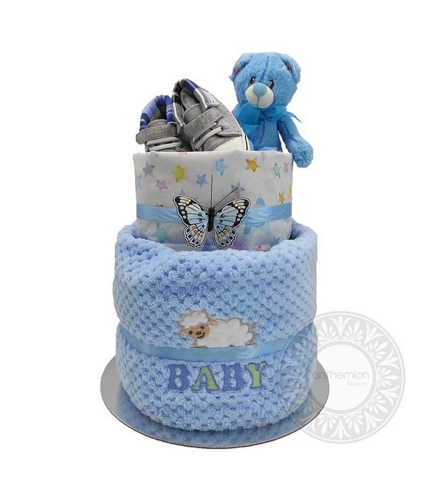 Diaper cake με παπουτσάκια για νεογέννητο αγοράκι