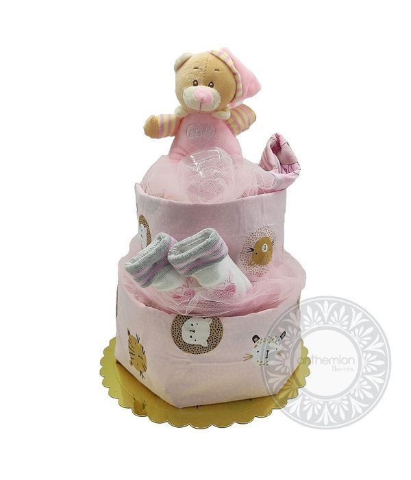 Diaper cake με αρκουδάκι για νεογέννητο κοριτσάκι
