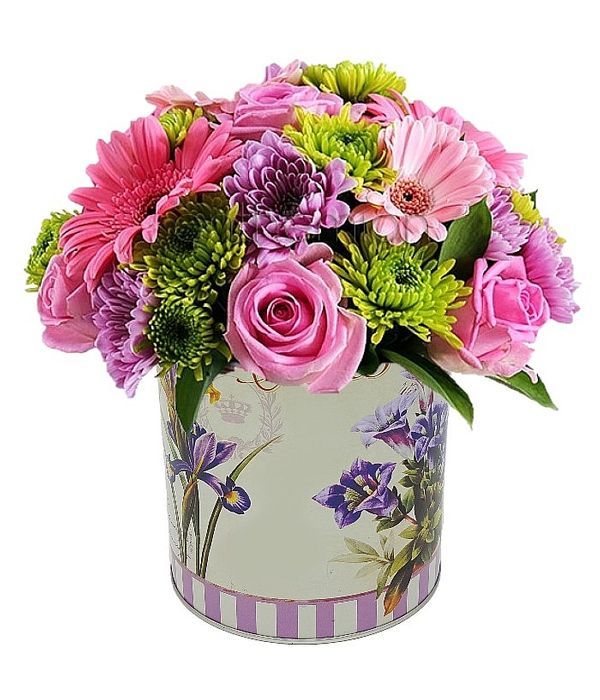 Pink and green flowers in box