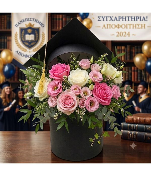 Flower arrangement in a graduation hat box for woman
