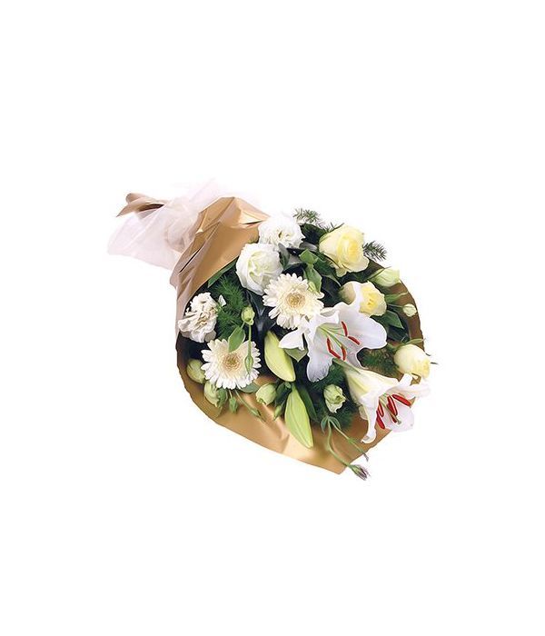 Μπουκέτο με λευκά τριαντάφυλλα, οριενταλ και ζέρμπερες
