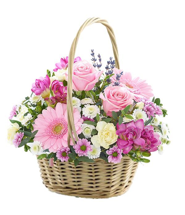 Λευκά και ροζ λουλούδια σε καλάθι