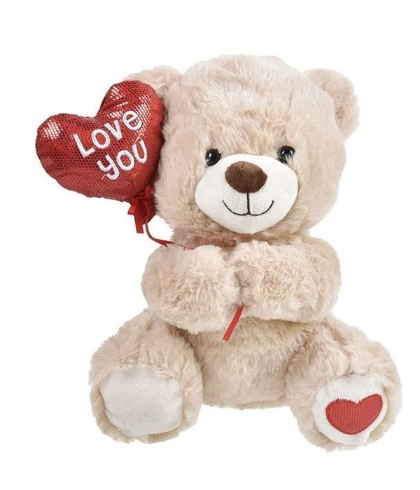 Λούτρινο-Αρκουδάκι-Μπεζ-Κόκκινη-Καρδιά-Μπαλόνι