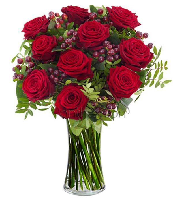 Naughty Love with 10 red roses and hypericums