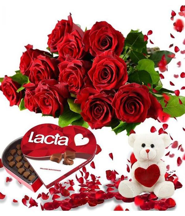 Love gift 12 roses, chocolates, teddy bear