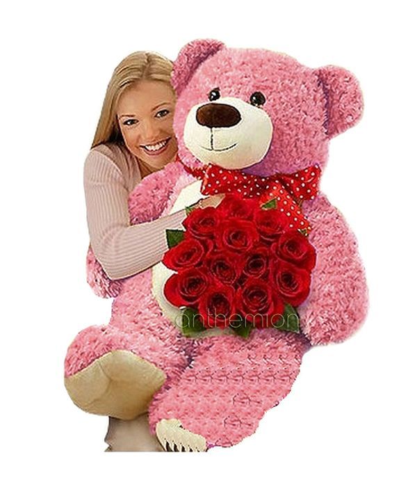 Red roses with pink teddy bear 70cm