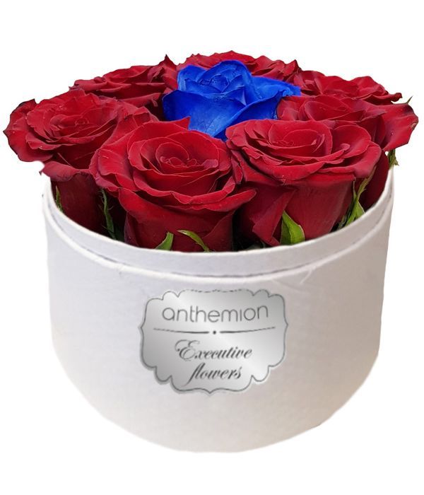 Gorgeous red and blue roses in white box