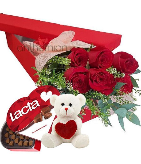 Floral gift box with 6 red roses, chocolates and teddy bear