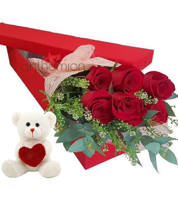 Floral gift box with 6 red roses and a teddy bear