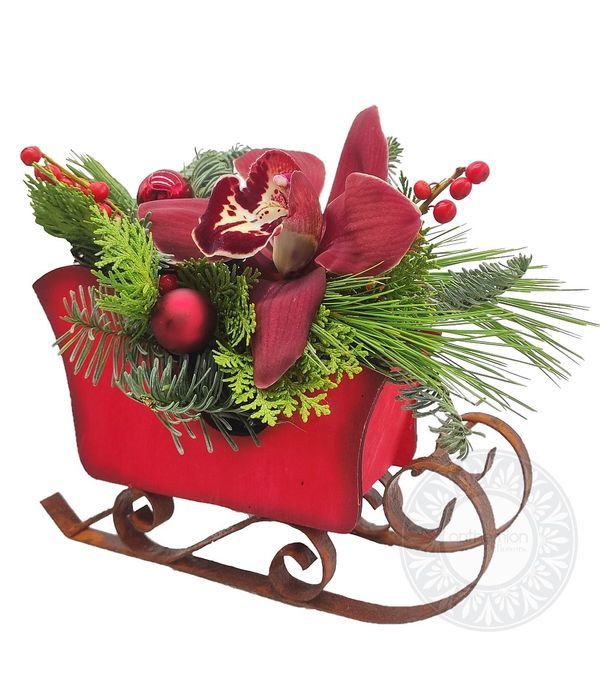 Festive arrangement in wooden sleigh