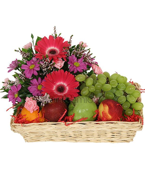 Seasonal fruits and flowers basket arrangement
