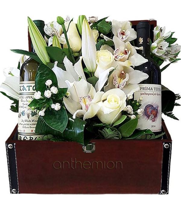 White flowers and wines in chest