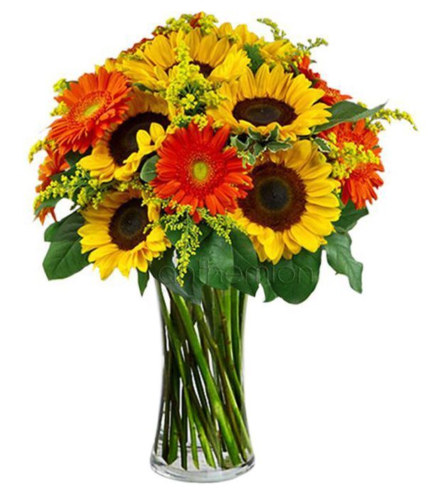 Bouquet of sunflowers, solidago and gerberas