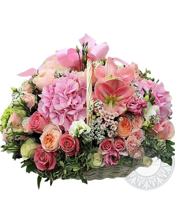 Beautiful pink and white flowers in basket