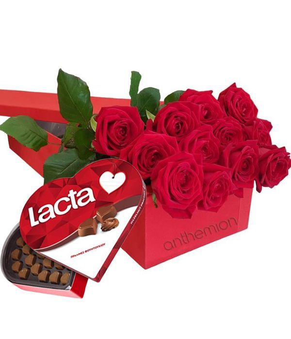 Red roses with chocolates in gift box