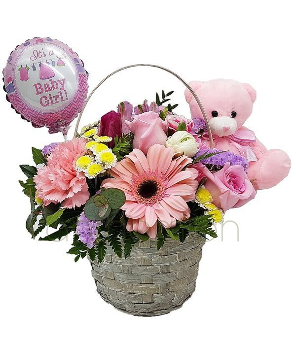 Ροζ λουλούδια με αρκουδάκι και μπαλόνι