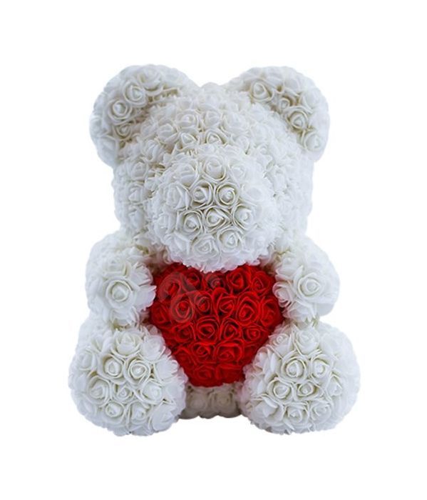 white rose teddy bear