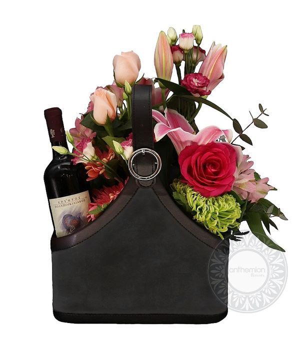 Black newspaper case with drink and flowers (choice of drink)