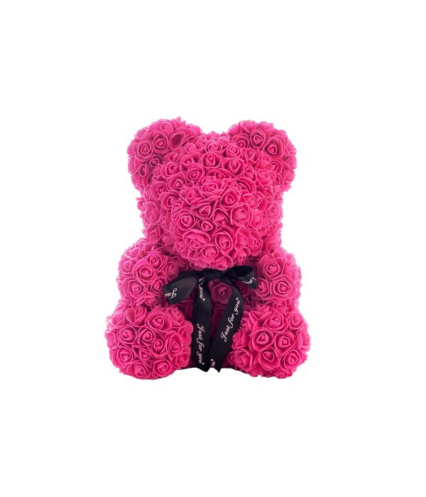 Fuchsia teddy bear with synthetic roses 45 cm.