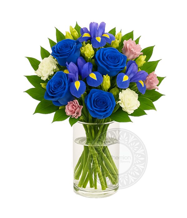 Μπουκέτο με μπλε τριαντάφυλλα, ίριδες και λυσίανθο