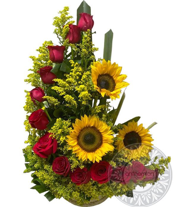 Summer arrangement with sunflowers and roses