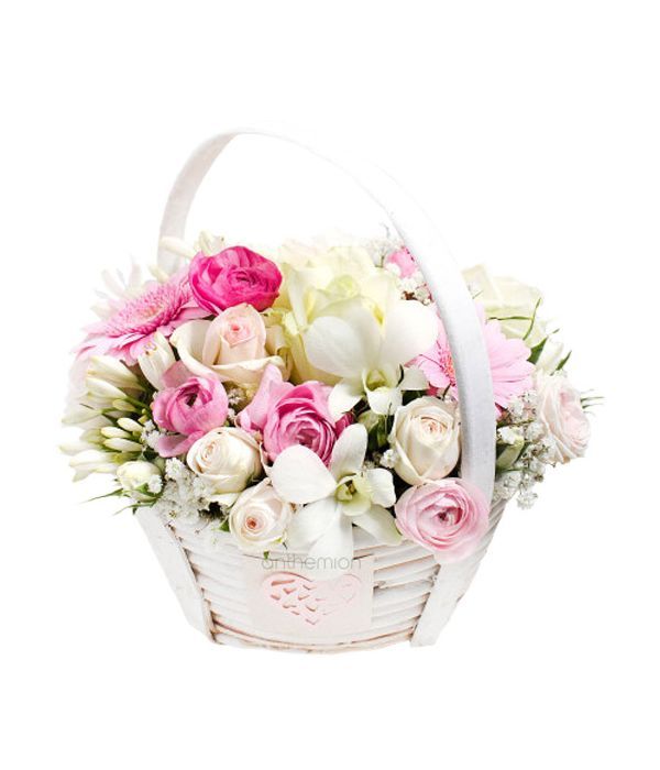 Pink and white flowers in basket