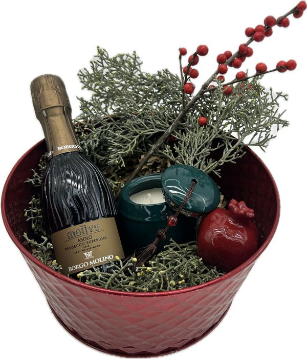 Christmas metal pot with prosecco