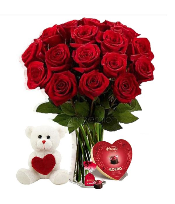 24 κόκκινα τριαντάφυλλα με σοκολατάκια και αρκουδάκι