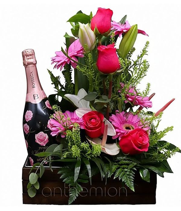 Pink flowers with sparkling wine