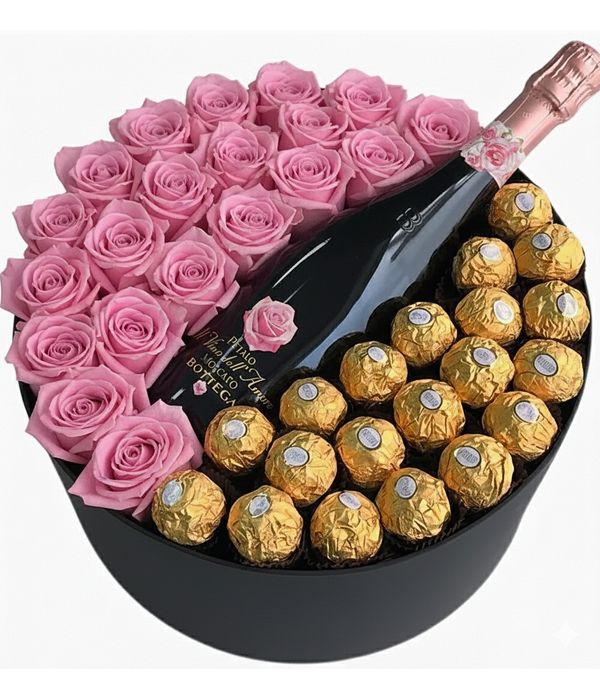 Τριαντάφυλλα ροζ Αγίου Βαλεντίνου με αφρώδη οίνο και σοκολατάκια