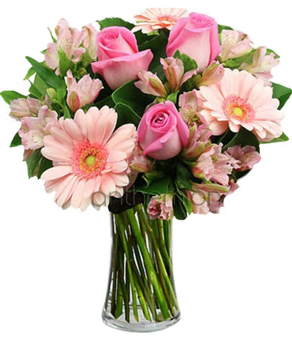 Μπουκέτο με ροζ ζέρμπερες και τριαντάφυλλα