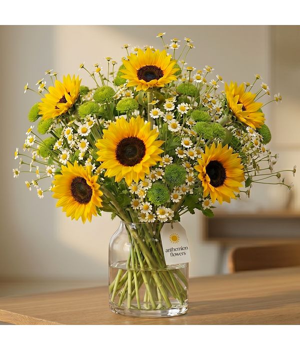 Bouquet of sunflowers, crhysanthemums and chamomile