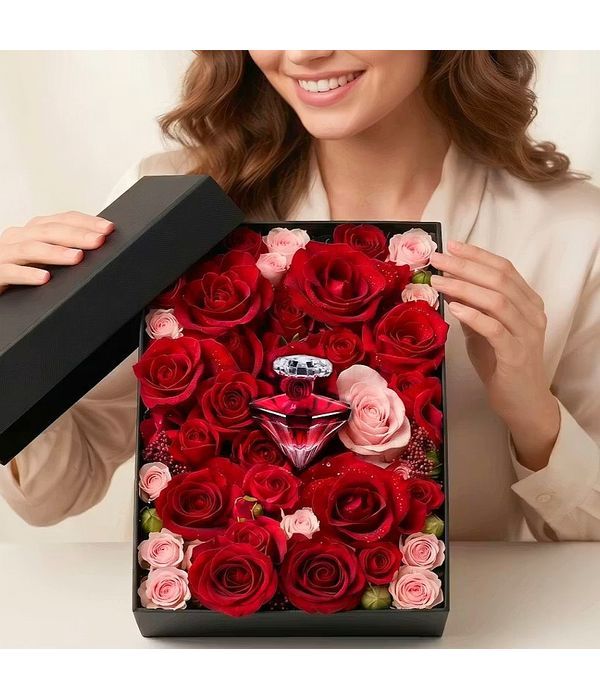 Box with roses and La Nuit Trésor Rouge Drama perfume