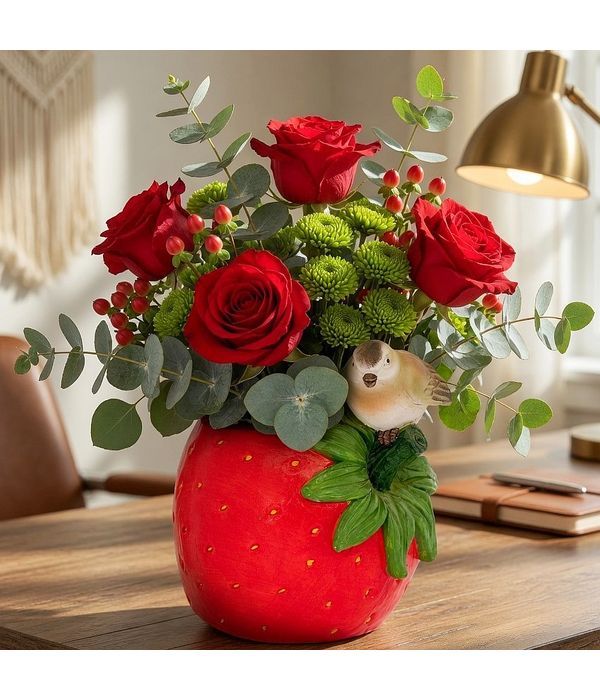 Σύνθεση με κόκκινα τριαντάφυλλα σε πολυρεζίν φράουλα