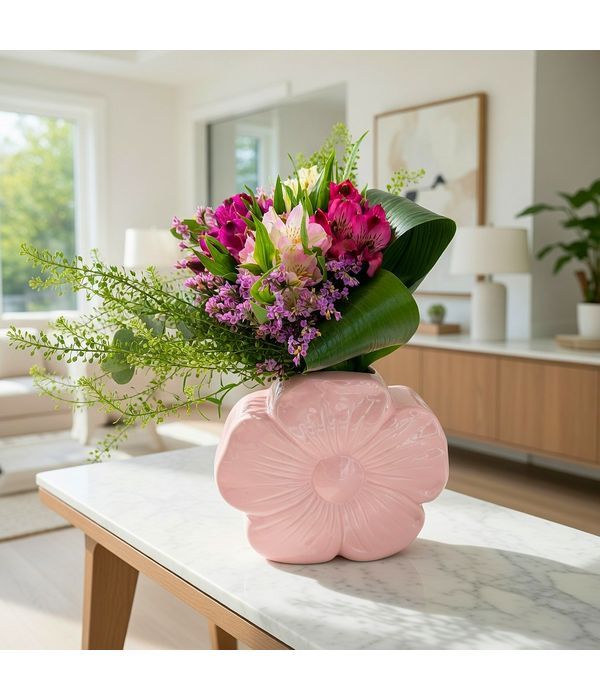 Ροζ κεραμικό λουλούδι με μπουκέτο λουλουδιών