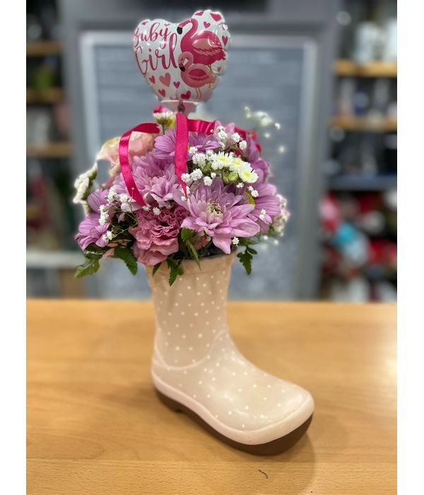 Pink boot with flowers and balloon 