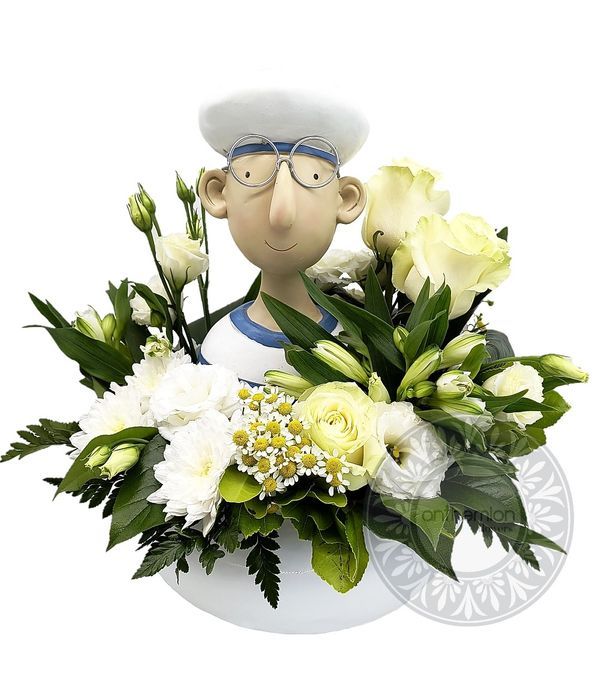 Arrangement with navy boy and white flowers