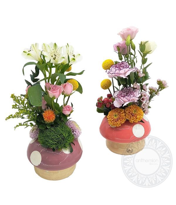 Σετ 2 κεραμικά μανιτάρια με λουλούδια