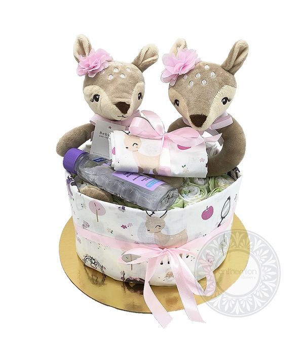 Diaper Cake with teddy bear and rattle for baby girl