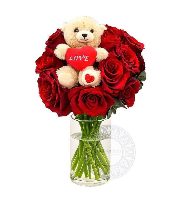 Love Bouquet with Roses and Teddy Bear