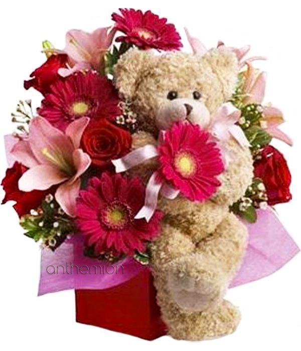 Ροζ και κόκκινα λουλούδια με αρκουδάκι