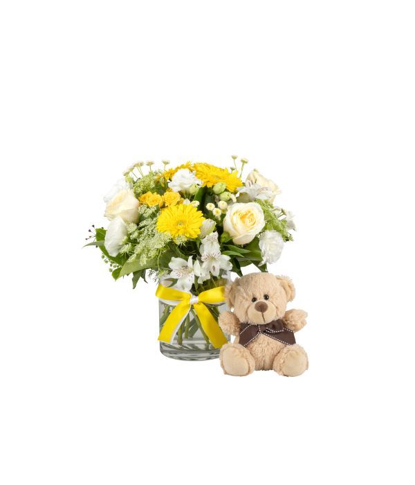 Newborn flowers and teddy bear