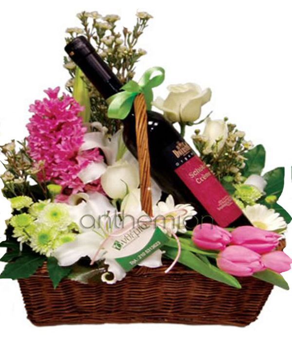 Flowers and Wine in a Basket