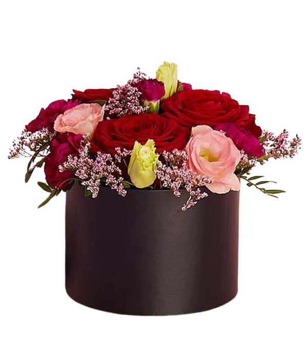 Box with red and pink flowers
